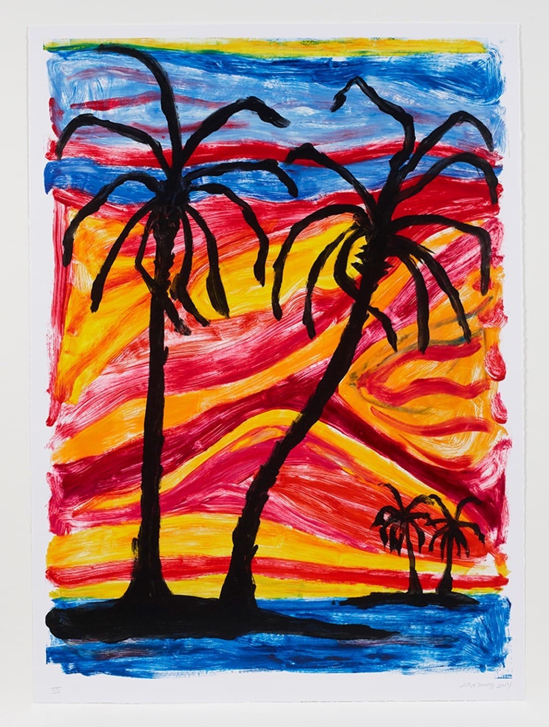 Colorful sunset painting with abstract palm trees in bold black brushstrokes and vibrant swirling colors in the sky.