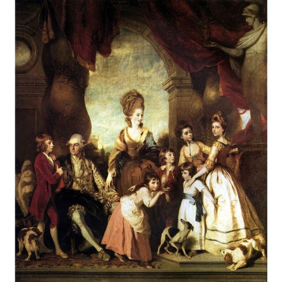 A historical painting of a family with children and dogs in a grand interior setting with classical architecture.