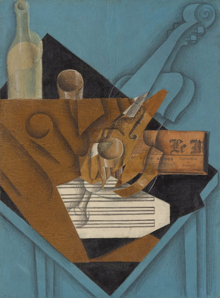 Cubist still life painting with a violin, bottle, sheet music, and abstract geometric shapes on a blue background.