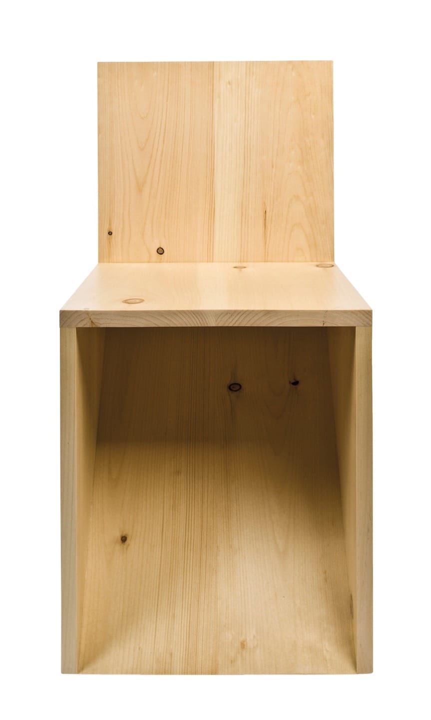 Wooden minimalist chair with a simple, natural finish and clean lines, viewed from the front.