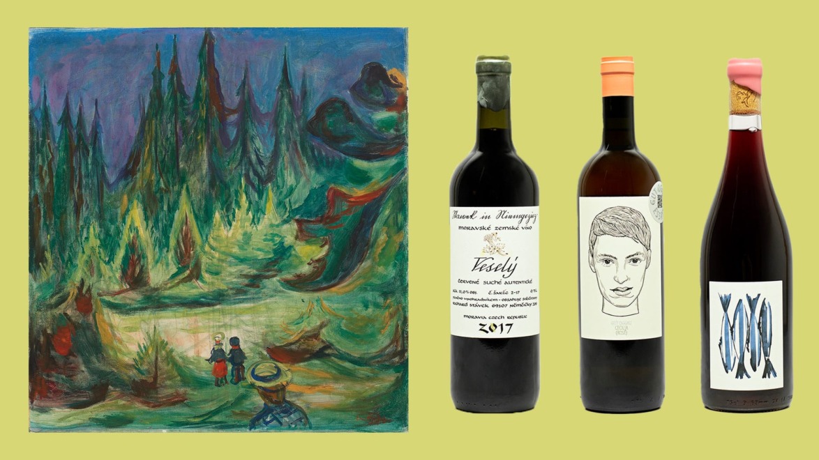 Painting of people in a forest next to three wine bottles with unique labels on a light green background.