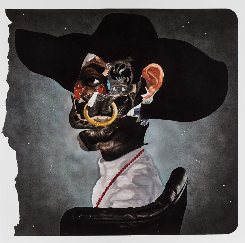 Surreal portrait of a person with a collage-like face, wearing a black hat and a white top against a dark background.