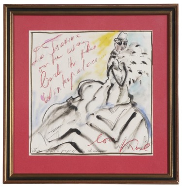 Framed artwork featuring a fashion sketch with text and colorful details on a red background.