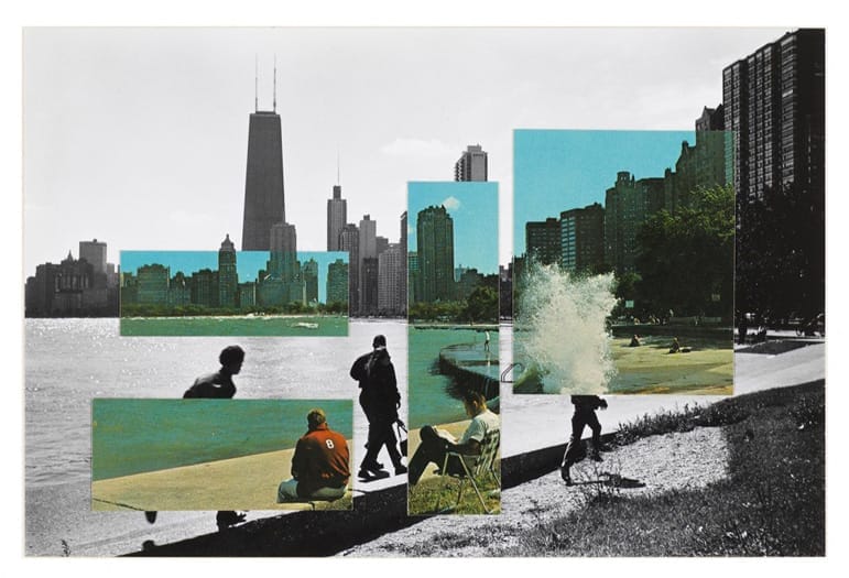 Collage of a city skyline with people near a waterfront, featuring cut-out sections and a splash of water.