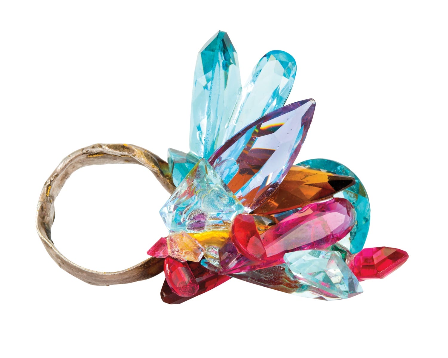 Colorful gemstone ring with various shapes and sizes, featuring blue, pink, and orange crystals on a silver band.