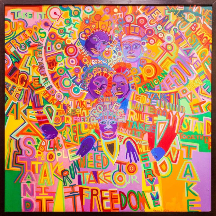 Colorful, vibrant abstract art with overlapping text about freedom and unity, featuring faces and dynamic patterns.