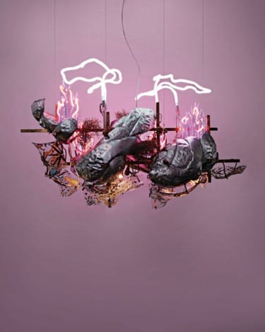Contemporary art installation with abstract shapes, neon lights, and intricate textures on a muted pink background.