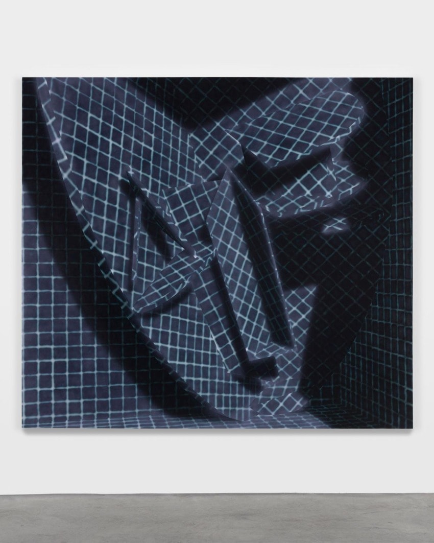 Abstract artwork with geometric grid pattern and overlapping shapes in shades of dark blue and black.