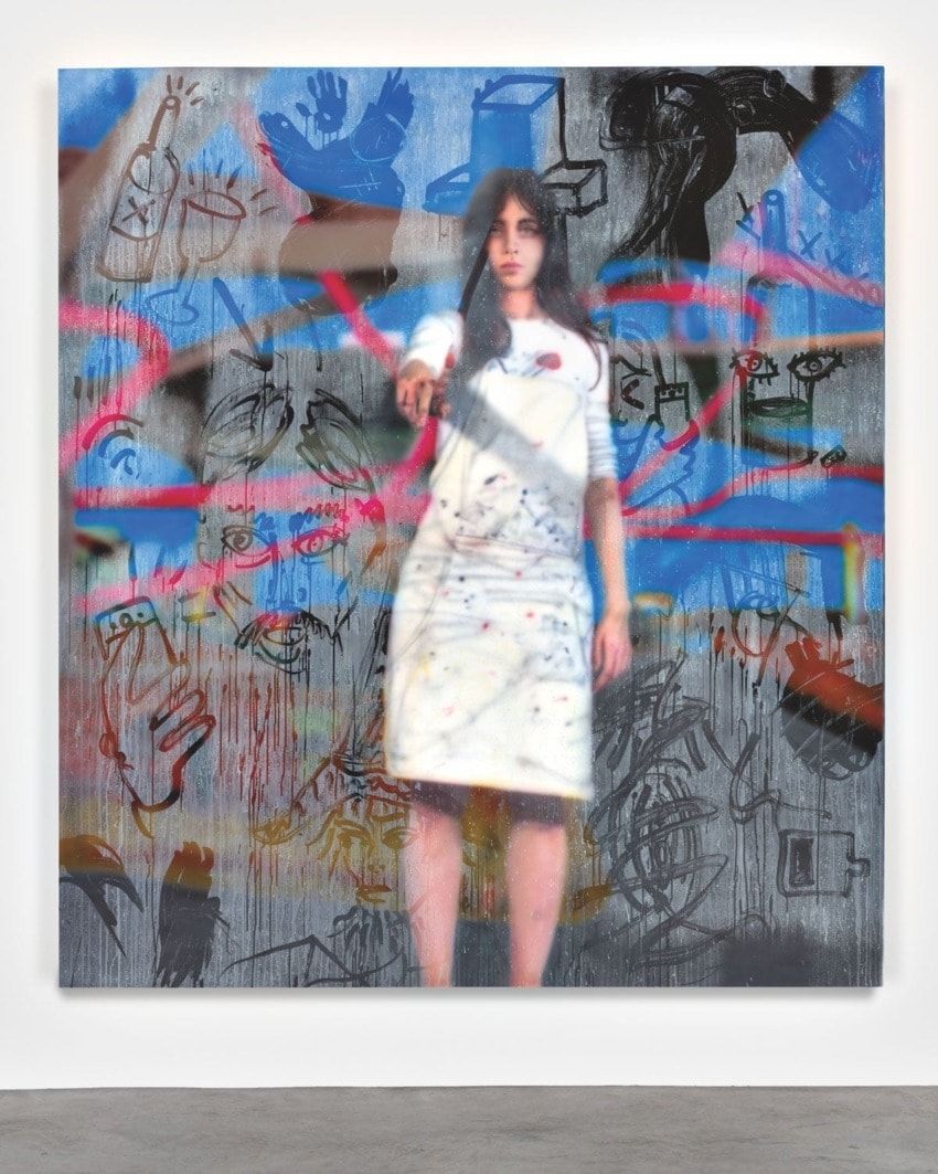 Painting of a woman in a white dress pointing, with abstract graffiti and blue, pink streaks in the background.