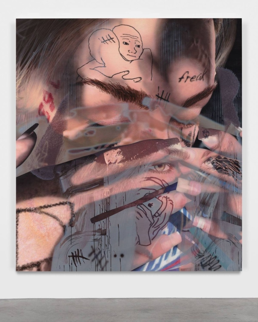 Abstract artwork featuring overlapping faces, sketch-like tattoos, and text fragments on a textured background.