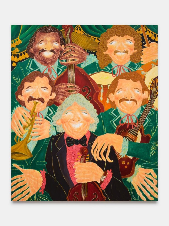 Illustration of a joyful band with five musicians holding various instruments under a green curtain.