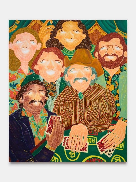 Colorful painting of six people around a card table with vibrant patterns and cheerful expressions.
