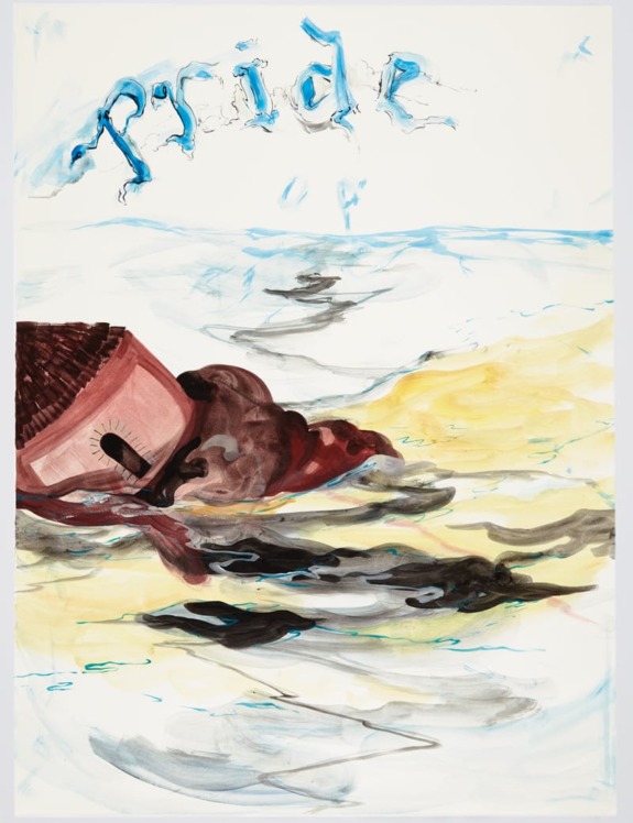 Abstract painting of a decaying eye with the word "pride" above, featuring earthy tones and fluid strokes.