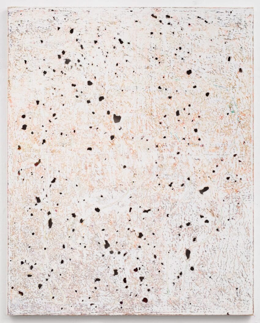 Abstract painting with a textured white surface, featuring scattered small black holes and a subtle mix of underlying colors.