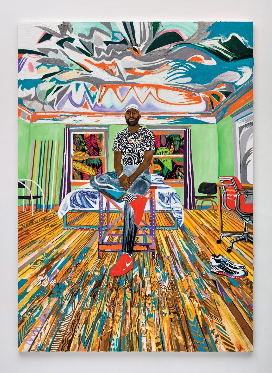 Colorful painting of a man sitting on a bedroom dresser in a vibrant, abstract room with a bright, patterned ceiling.
