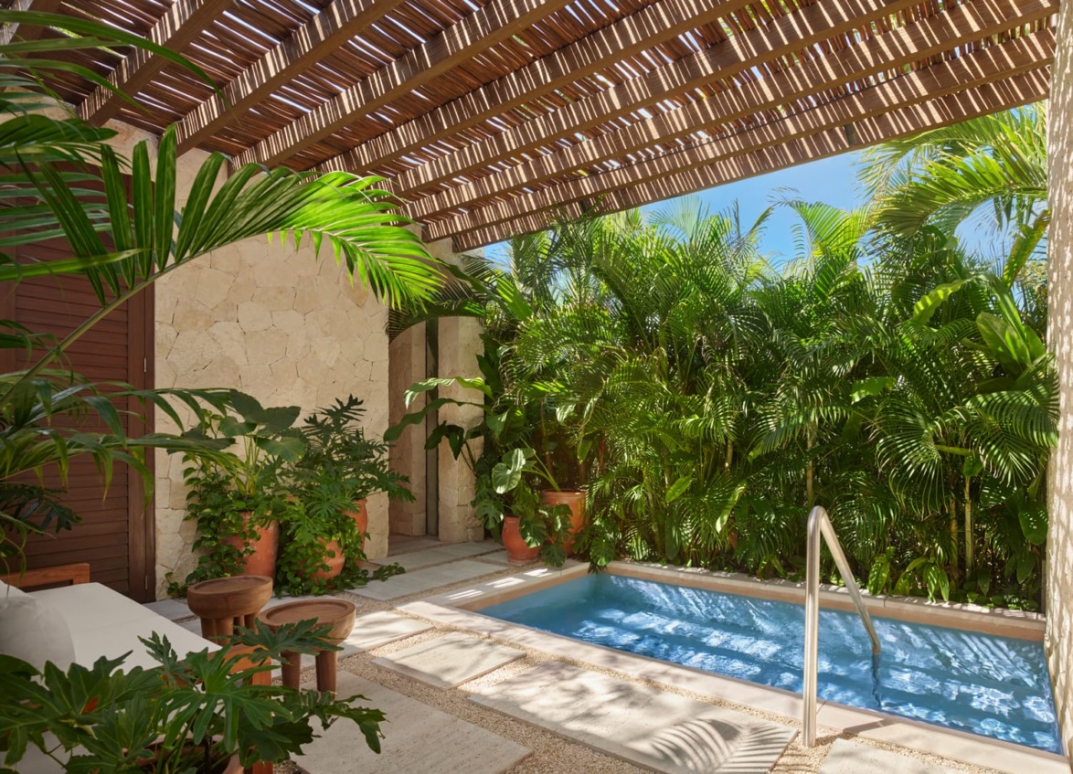 Small outdoor pool surrounded by lush greenery and tropical plants under a wooden pergola.