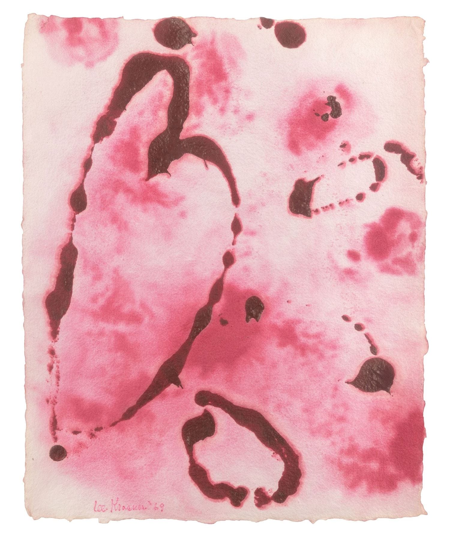 Abstract painting with pink and red watercolor splashes and lines on textured paper.