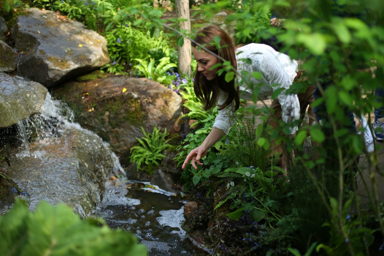 Woman observing a small waterfall in a lush green garden with vibrant plants and rocks nearby.