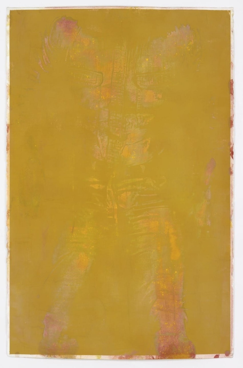 Abstract artwork with layered textures in shades of yellow, orange, and hints of pink, creating a textured visual effect.