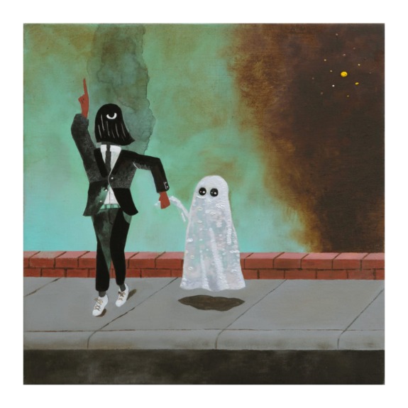 Person in a suit and ghost costume walking together on a sidewalk at night, with a glowing background.