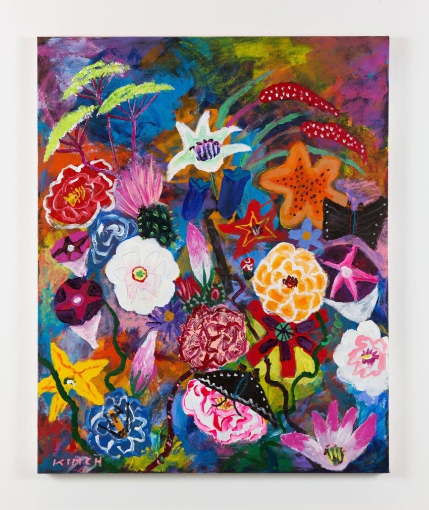 Colorful abstract painting of various flowers and plants with vibrant patterns and textures on a multicolored background.