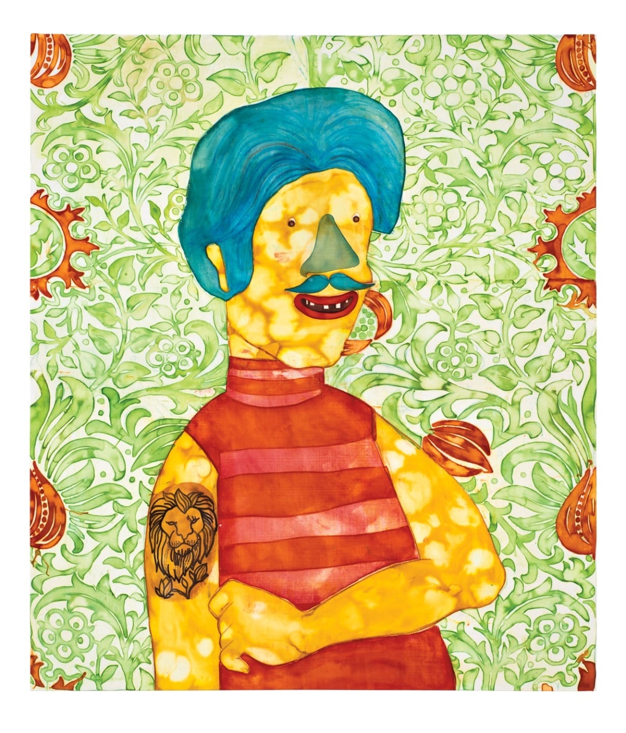 Illustration of a person with blue hair, a striped shirt, and a lion tattoo, set against a floral green and orange background.