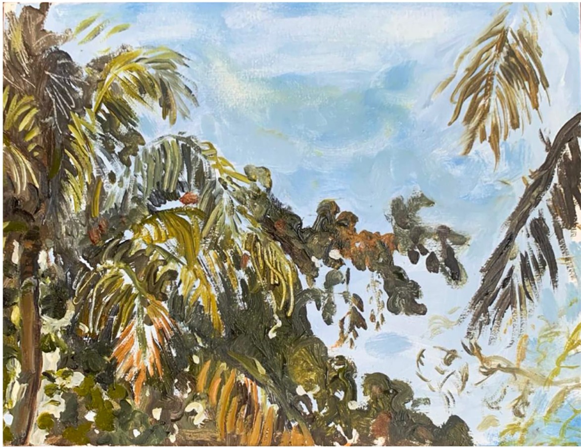 painting of palm trees with green and brown leaves against a blue sky