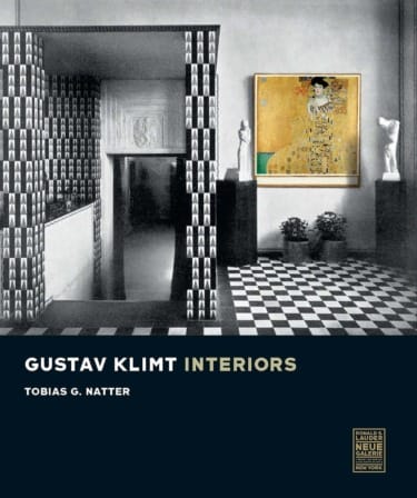 Book cover of "Gustav Klimt Interiors" by Tobias G. Natter, featuring art and sculptures in a black and white room.
