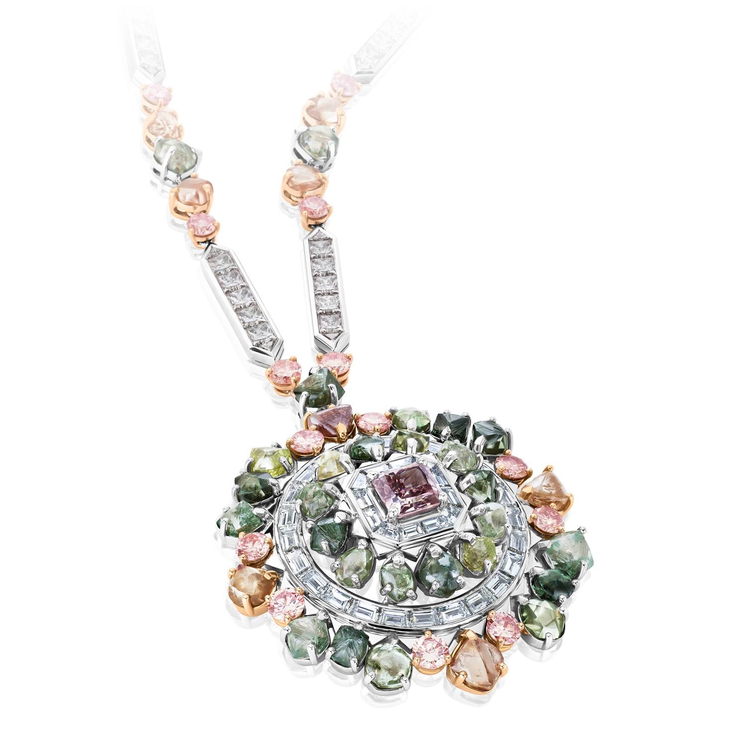 Gemstone necklace with a circular pendant featuring an intricate design of multicolored stones and a central pink gem.