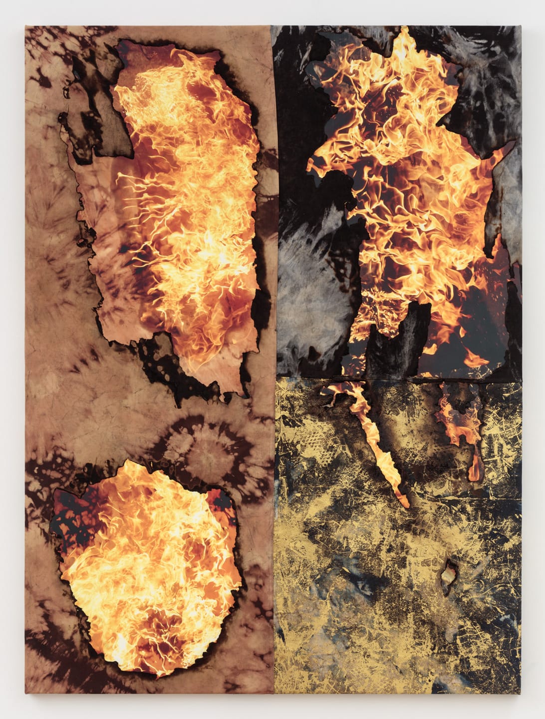 Abstract artwork with fiery patterns and contrasting textures on a divided canvas background, featuring vibrant flames.