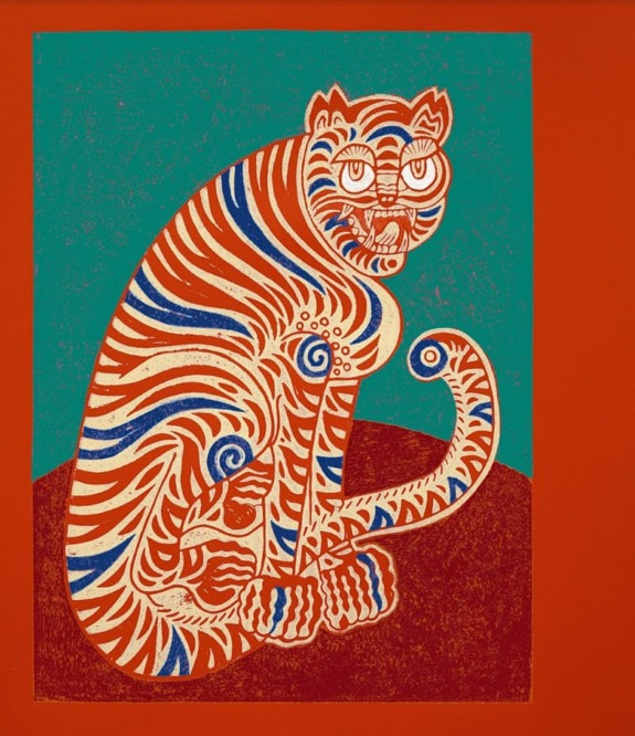 Colorful abstract tiger illustration with bold red, white, and blue stripes sitting against a green and red background.