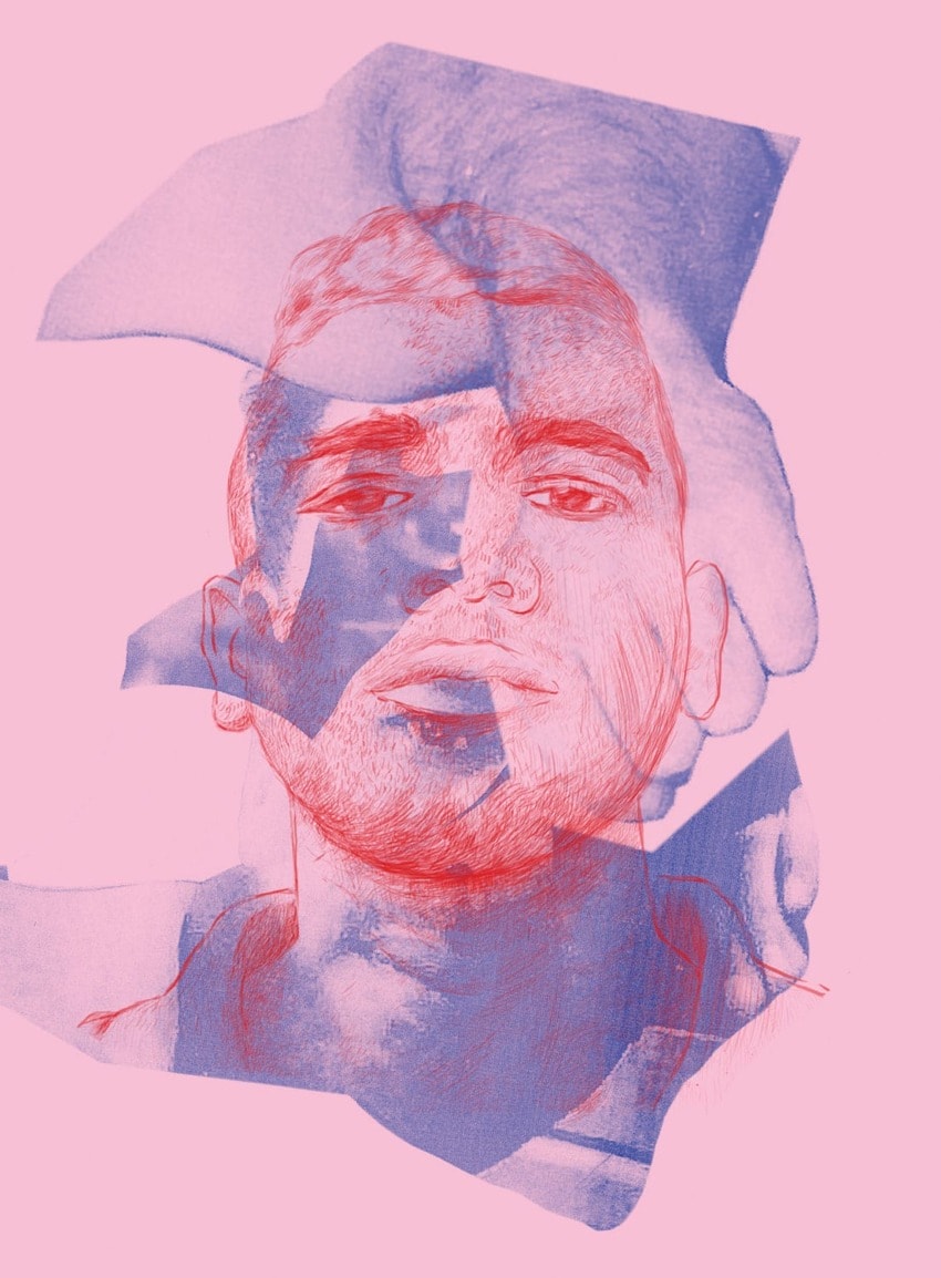Abstract mixed-media portrait of a man in pink and blue tones, featuring layered textures and varying shades