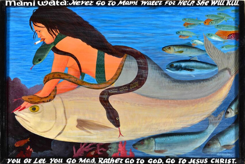 Colorful painting of a woman with snakes riding a large fish underwater, surrounded by other fish. Text around her.