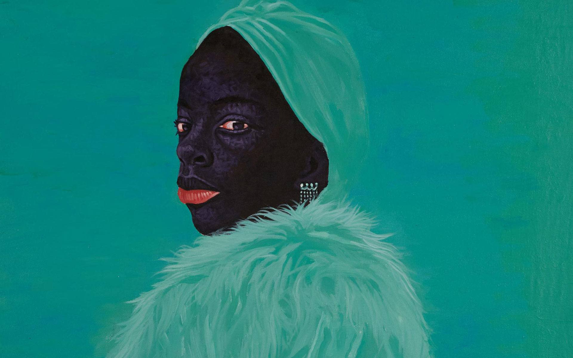 A painting of a person wearing a teal fur shawl and headwrap, with bold features, set against a matching teal background.