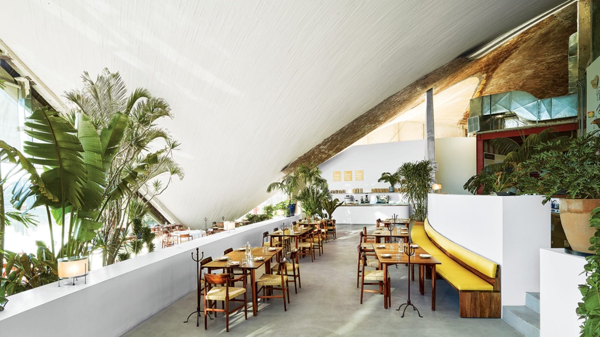 Modern restaurant interior with wooden tables and chairs, large green plants, and curved ceiling design.