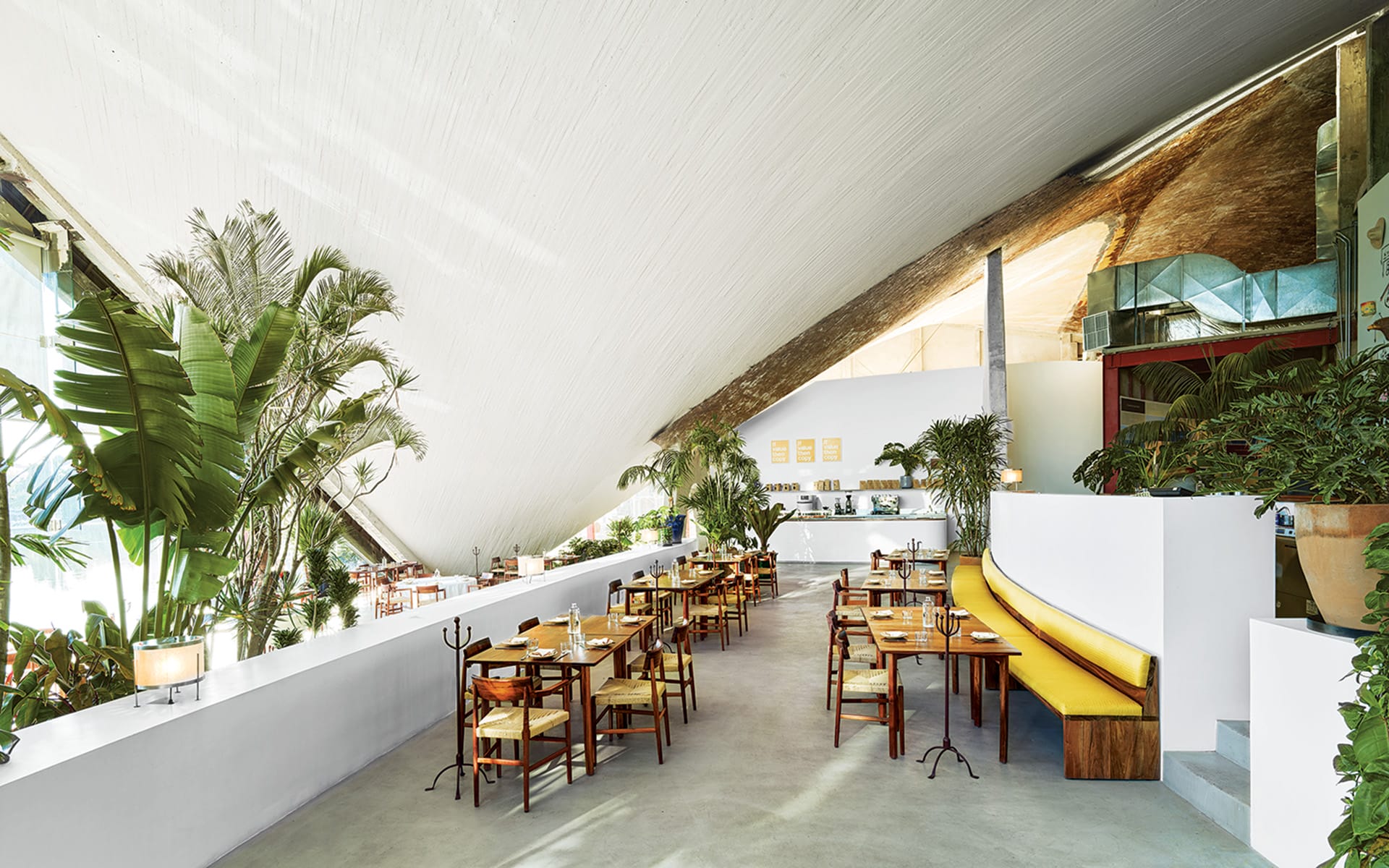 Modern restaurant interior with wooden tables and chairs, large green plants, and curved ceiling design.