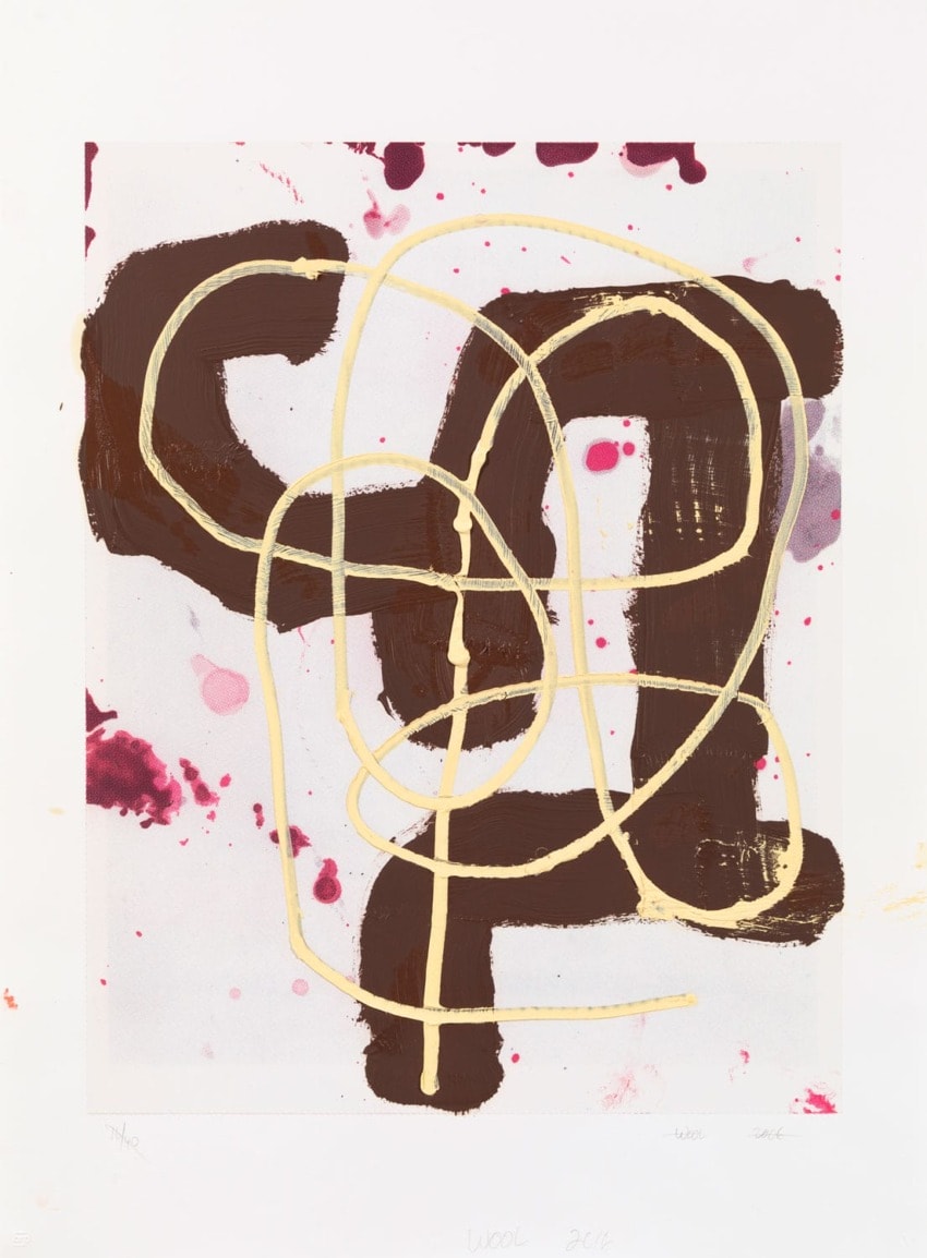 Abstract painting with bold, dark brown and cream swirling lines on a white background with pink splatters.