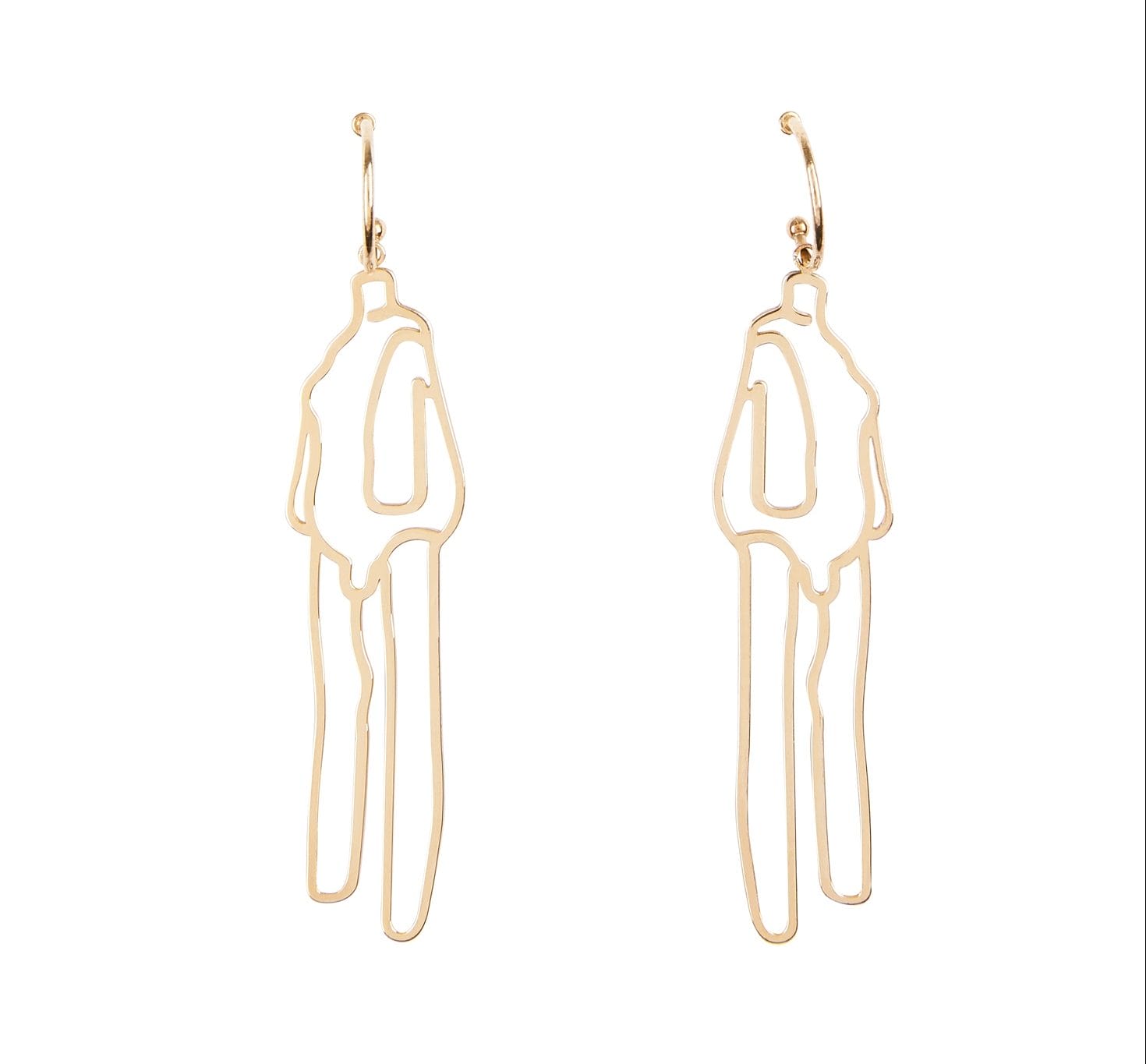 Gold outline earrings resembling abstract human figures, featuring minimalist design and delicate craftsmanship.