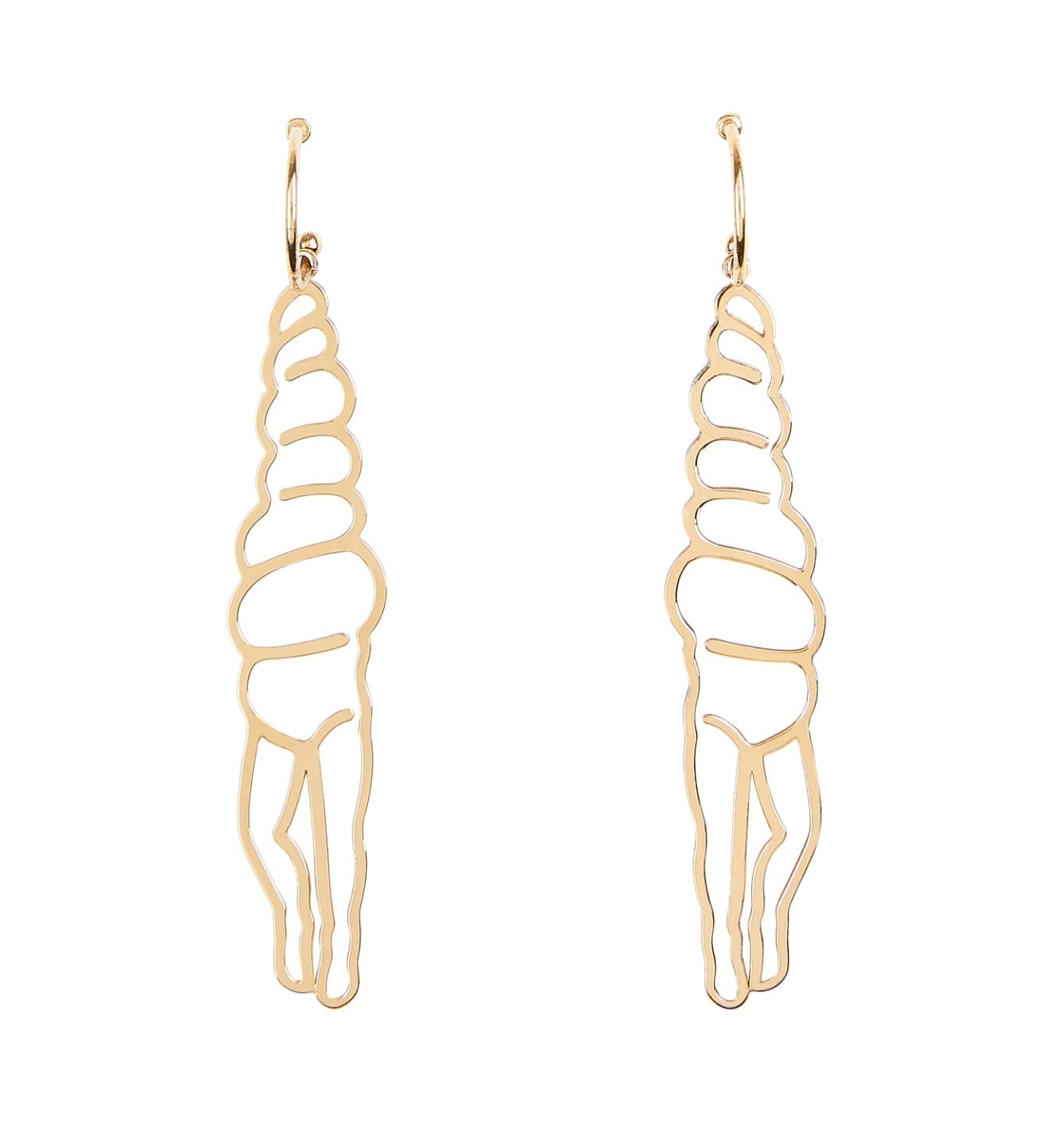Gold wire earrings with a spiral design resembling a stylized shell shape, hanging from simple hooks.