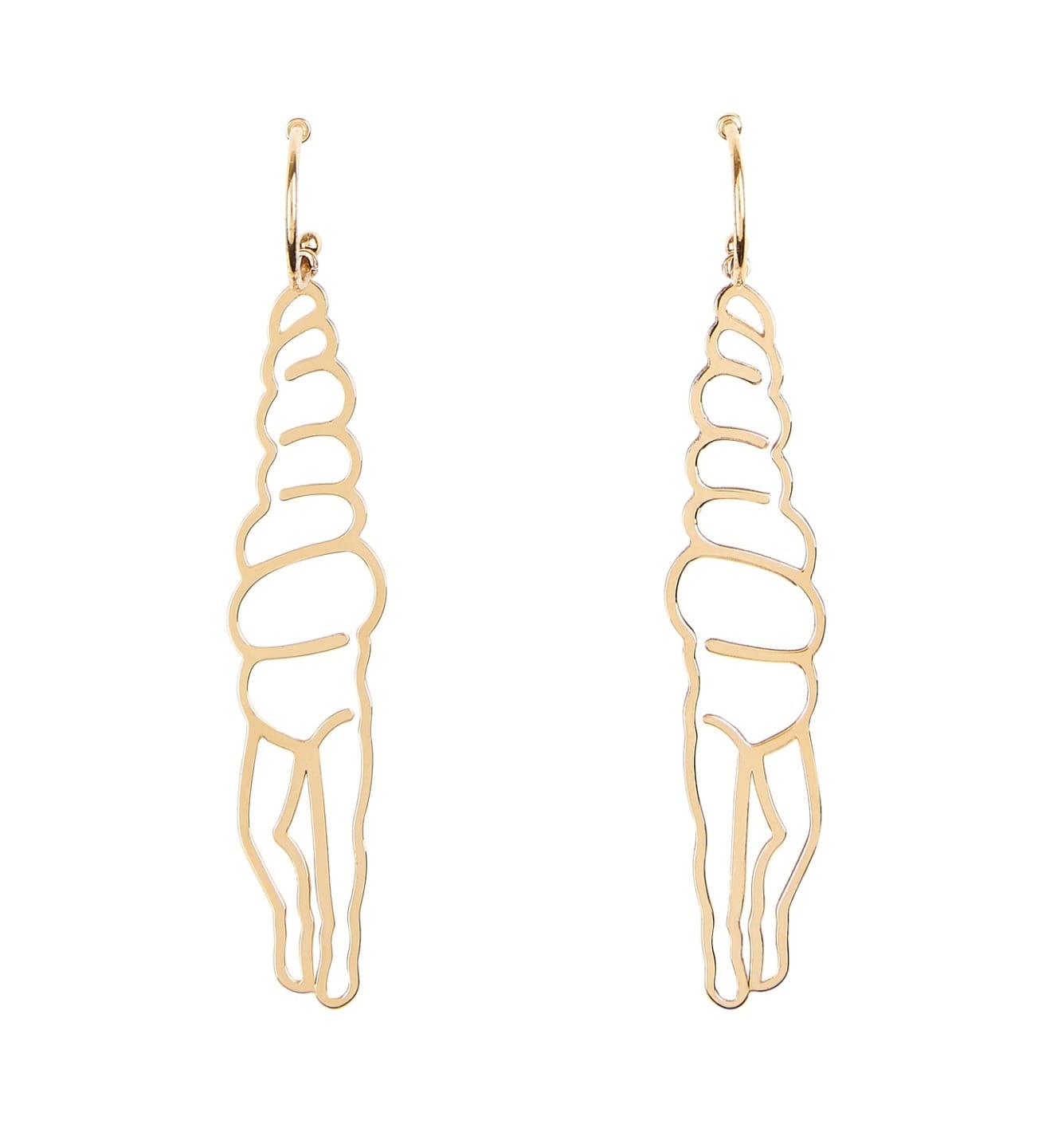 Gold wire earrings with a spiral design resembling a stylized shell shape, hanging from simple hooks.