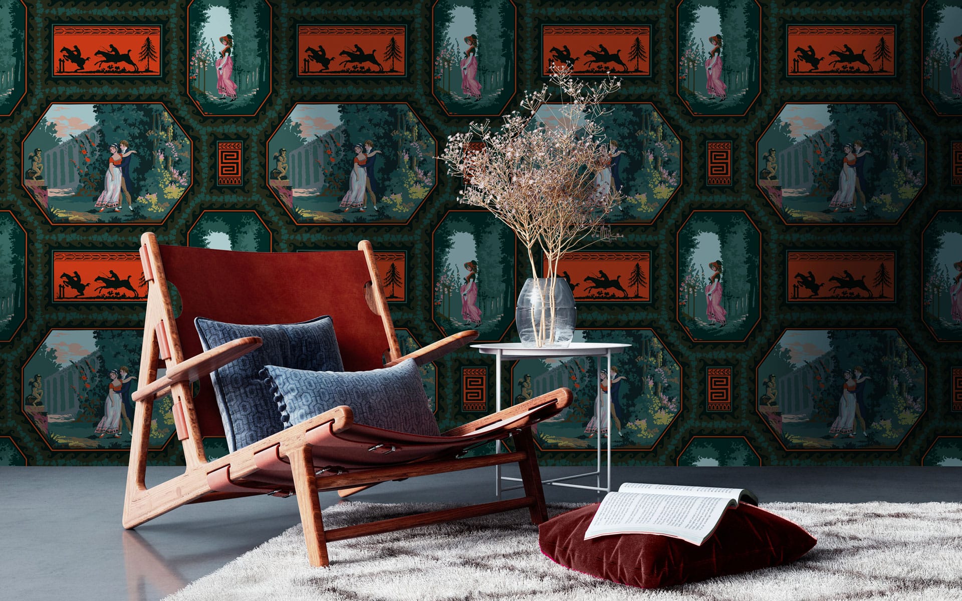 Armchair with cushions, open book, dried flowers in vase, ornate wallpaper with figures and patterns in a cozy room setting.