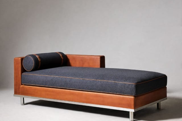 Modern chaise lounge with brown leather frame, dark fabric cushion, and cylindrical pillow on a metal base against a gray background.