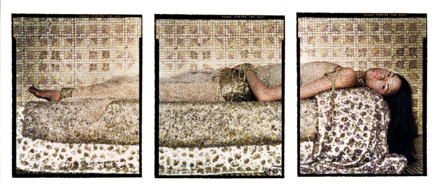 Woman lying in three-panel artistic photograph on patterned bedding, wearing a textured gown, against a floral backdrop.