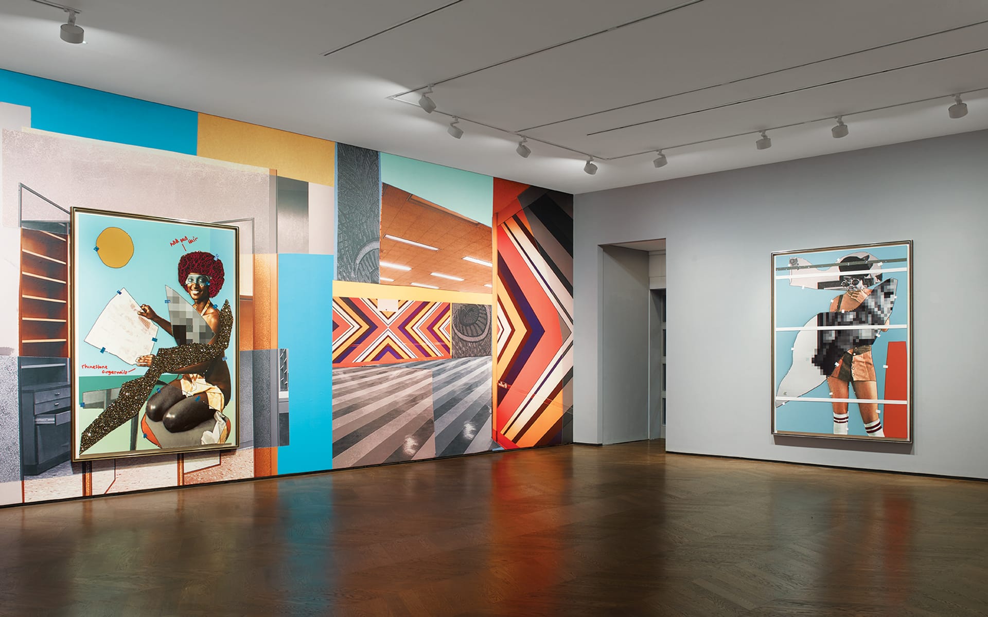 Colorful, modern art gallery with abstract and figurative paintings on the walls, featuring vibrant geometric patterns.