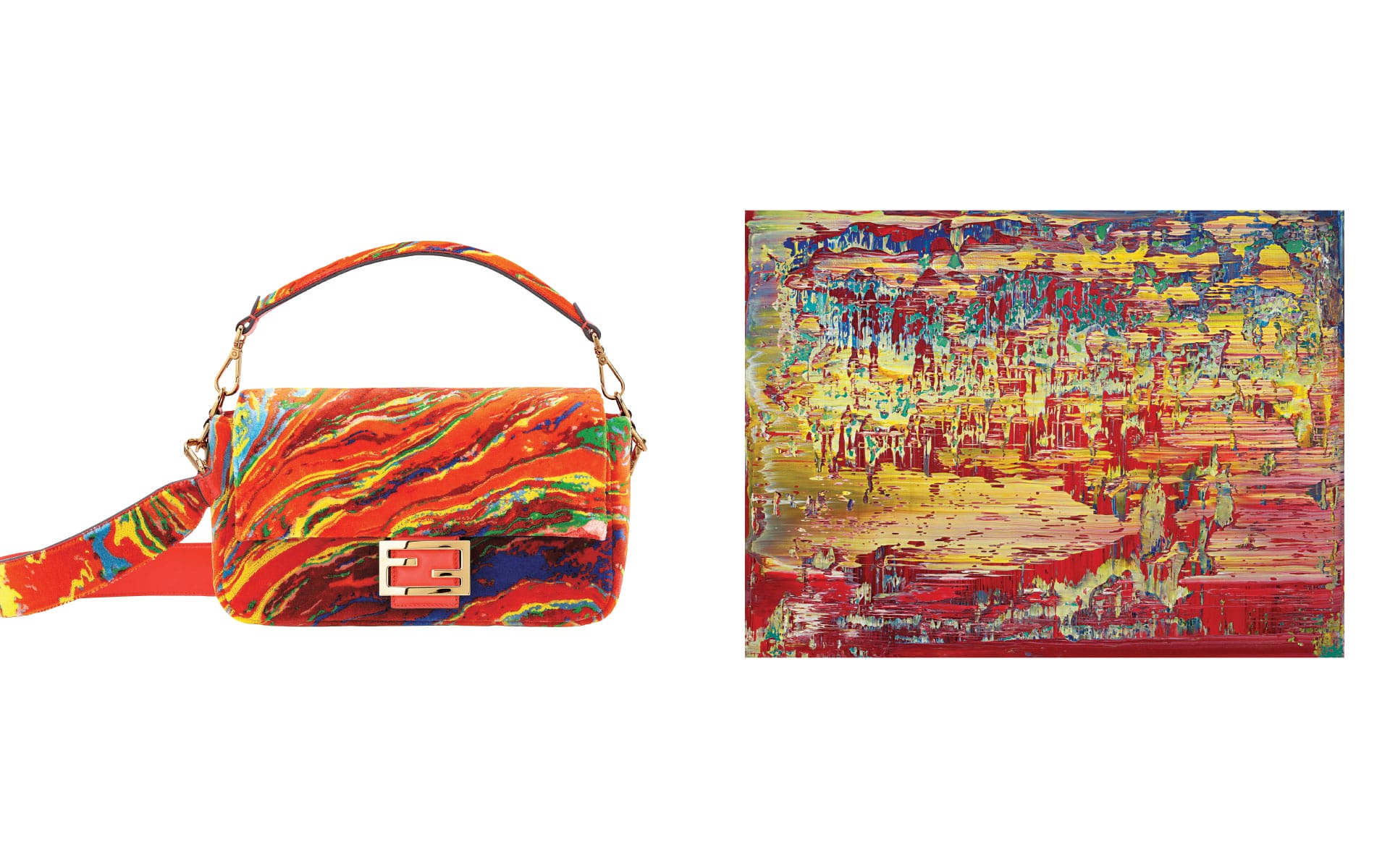 Colorful bag with abstract design next to matching abstract painting on a white background.