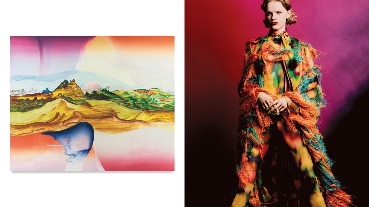 Colorful abstract landscape painting on left and model in vibrant feathered outfit against red backdrop on right.