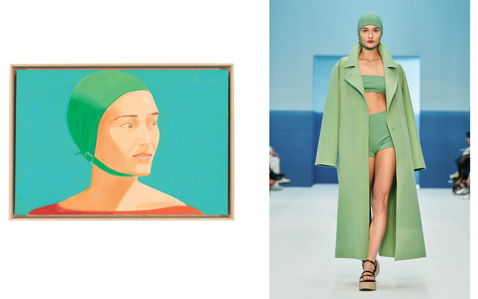 Painting of a woman in a green cap and a model in a green outfit walking on a runway.