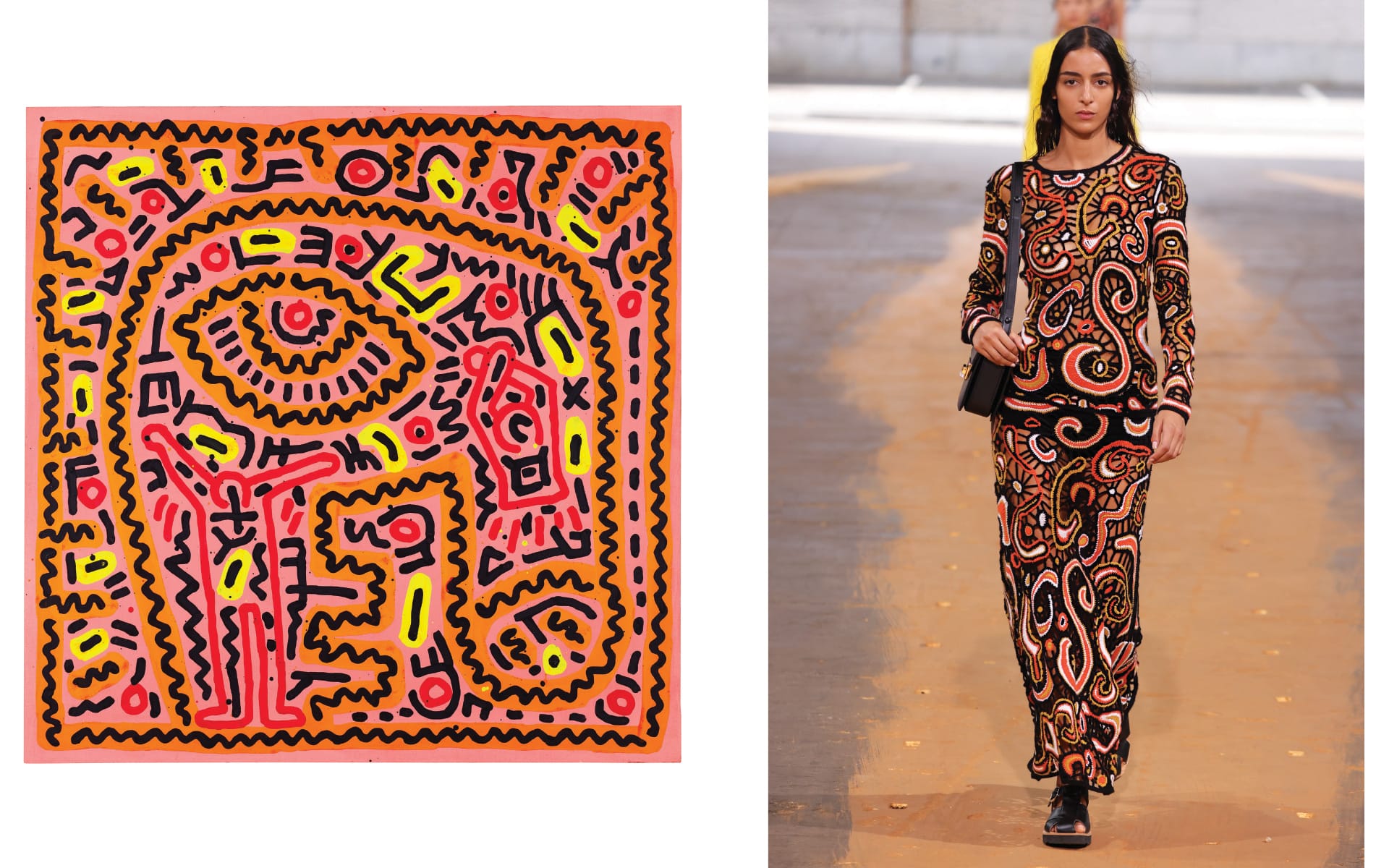 Colorful abstract artwork and model wearing matching patterned outfit on a fashion runway.
