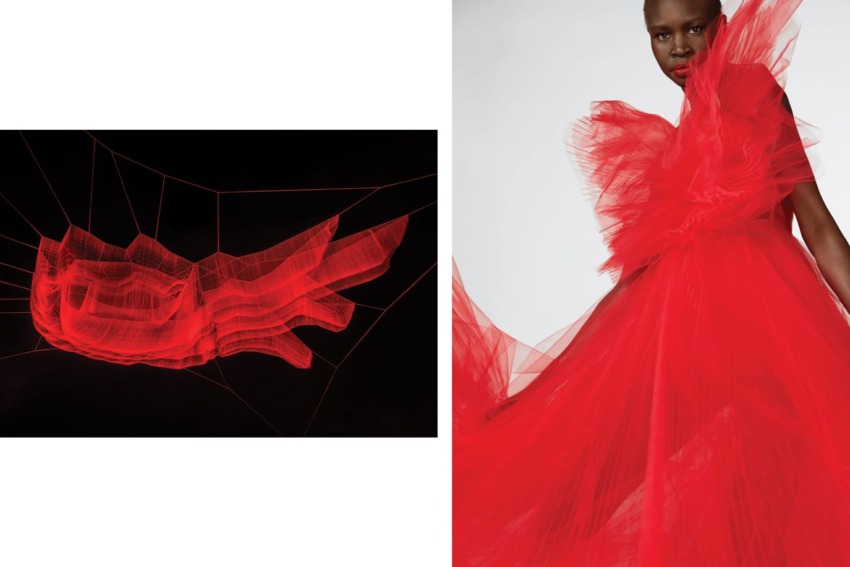Abstract red 3D shape on black and a person wearing a vibrant red tulle dress with a dramatic, artistic design.
