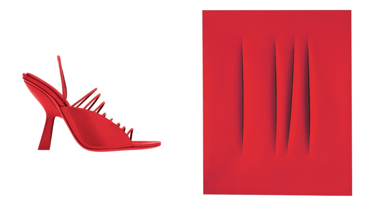 Modern red high-heeled shoe with cut-out design next to abstract red artwork featuring slit patterns.